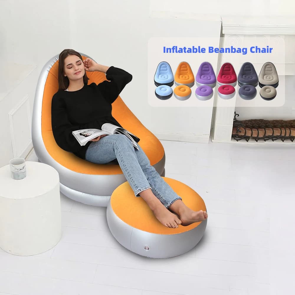 Nadmuchiwana sofa z podnóżkiem – dostępna w 6 kolorach. Przenośna sofa typu „lazy sofa” – fotel wypoczynkowy do użytku na zewnątrz i w pomieszczeniach oraz na kempingu